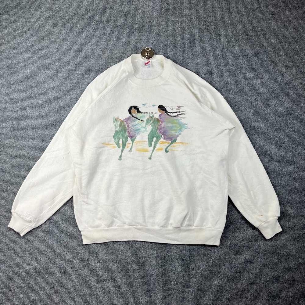 Vintage Jerzees Sweatshirt Mens XL White Fleece Womens Artistic Riding Horses